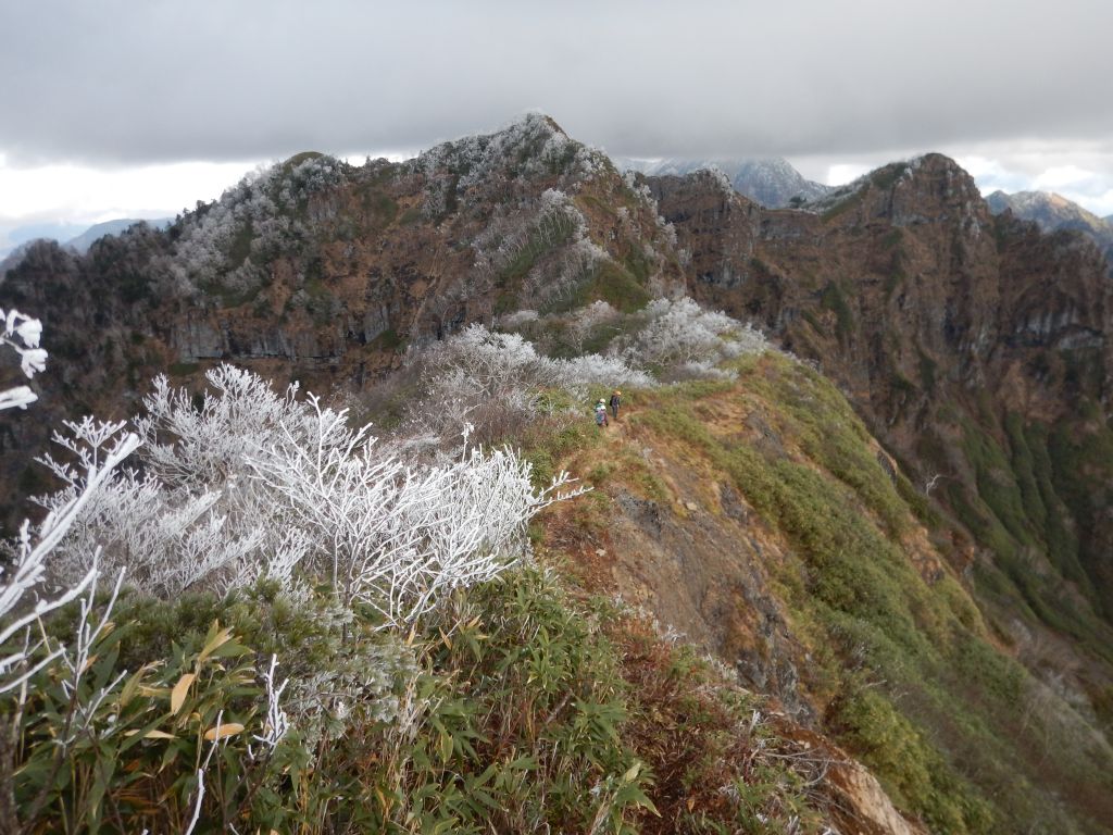 １１月　戸隠西岳へ霧氷の稜線を進む